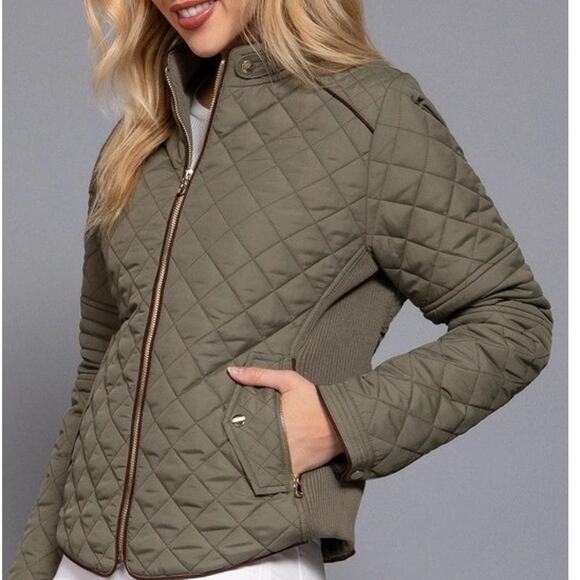 Suede Piping Detail Knit Rib Quilted Padding Jacket Olive - Picture 2 of 6